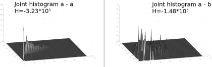 Figure showing surface plots of the joint histograms given in Figure 9.6. The first histogram – which is the joint histogram of the MR image a from Figure 9.6 with itself – shows that the histograms are not scatterplots. Rather than that, different bins show different heights. The second surface plot shows the joint histogram of the MR image and its rotated counterpart (image b from Figure 9.6). Apparently, more bins are non-zero, but the overall height is much lower – note that the z-axes have a different scale. The bin height ranges from 0 to 350 in the left plot, whereas the bin height in the right plot does not exceed 4. Shannon’s entropy as given in Equation 9.4 was also computed for both histograms. It is considerably lower for the well-ordered left histogram, as expected.