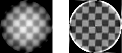 Figure showing the unfiltered backprojection of a checkerboard, before and after application of a cone filter. Gray values were scaled appropriately.