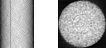 Figure showing on the left the Radon transform of a random image is shown; column 40 is scaled by 0.8 (the small dark line). The right image shows the backprojection of this violated Radon image. A ring artifact can be seen.