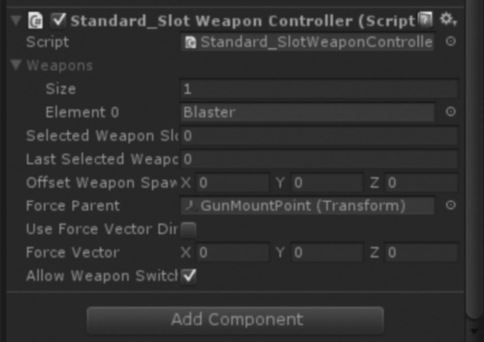 Image of The Standard_SlotWeaponController attached to the player prefab.