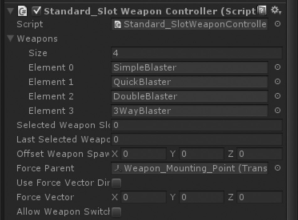 Image of The Standard_Slot Weapon Controller weapons slots with prefabs setup.