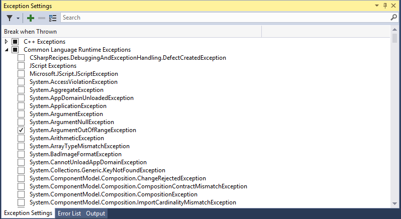The Exceptions Settings tool window