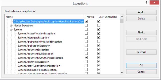 The Exceptions dialog