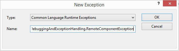 Adding a user-defined exception to the Exceptions dialog