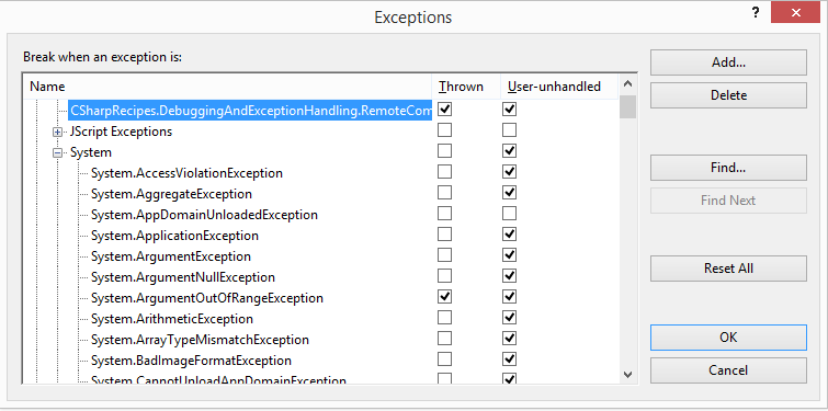 The Exceptions dialog box after you add a user-defined exception to the TreeView