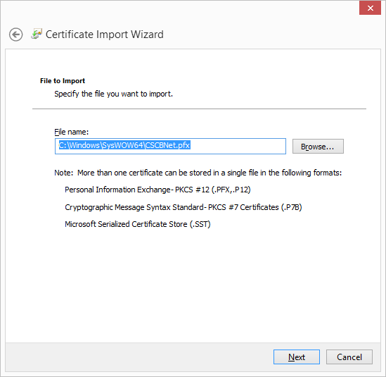 Specifying the personal information exchange file to be imported into the certificate store