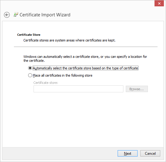 Specifying a certificate store for the personal information exchange file in the Certificate Import wizard