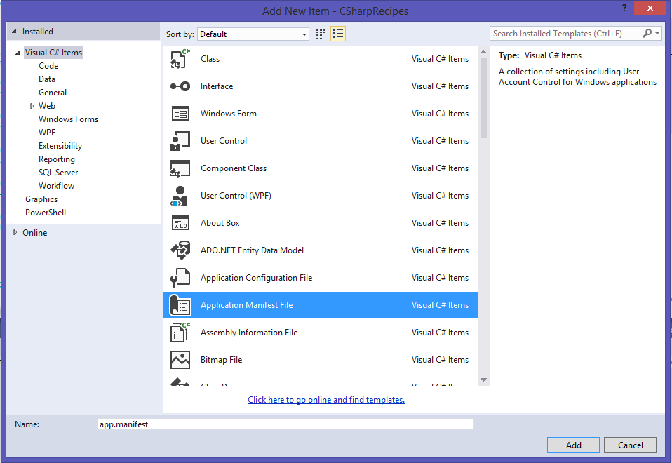The Application Manifest File creation window