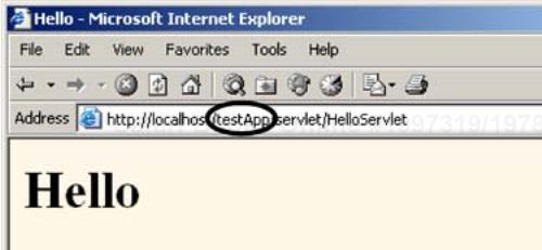HelloServlet.class invoked with the default URL within a Web application.