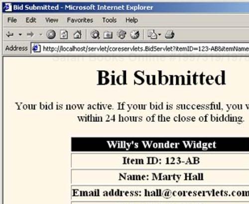 Bid servlet with complete data: it presents the results.