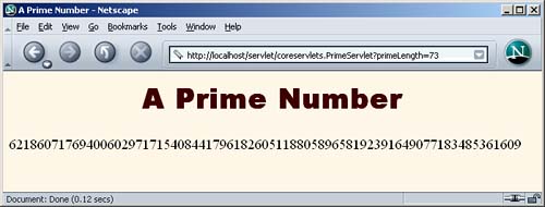 Result of PrimeServlet when no explicit prime size is given: the previous number is shown and no new prime is computed.