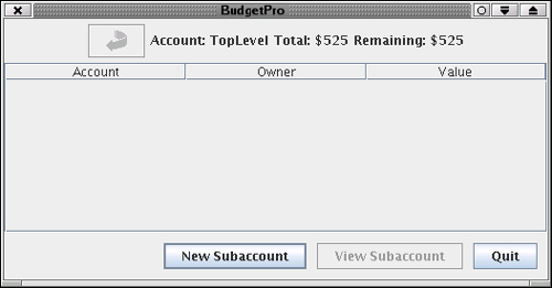BudgetPro GUI: top account window