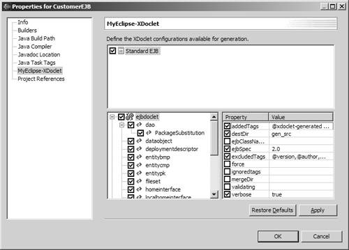 Setting XDoclet properties with MyEclipse.