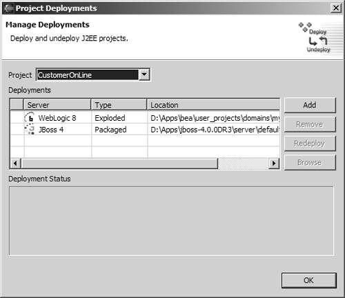 MyEclipse J2EE project deployment dialog.