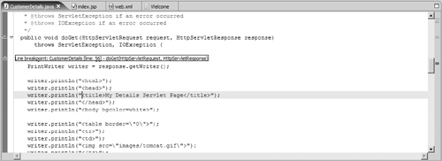 Servlet code with breakpoint set.