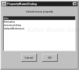 The Bind PropertyNameDialog box for the FileNameBean