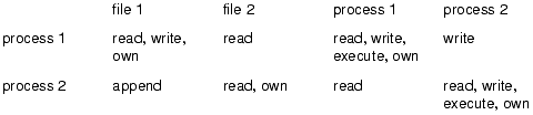 An access control matrix. The system has two processes and two files. The set of rights is {read, write, execute, append, own}.