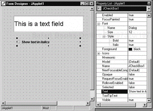 A screen from Symantec Visual Café showing a Java Bean interface. The property lists are implemented using a Bridge pattern.