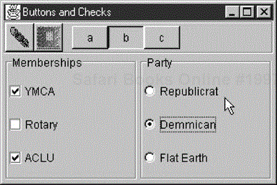 A simple display of check boxes, radio buttons, toolbar buttons, and toggle buttons.