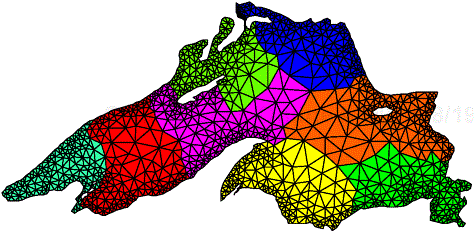 A distribution of the mesh elements to eight processes, by using a graph-partitioning algorithm.