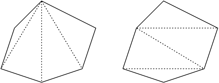 Two possible triangulations of a regular polygon.