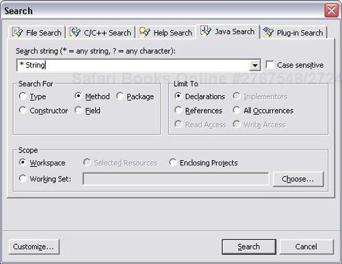 Using the Java Search tab