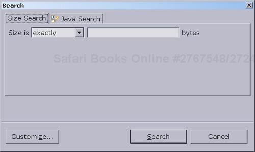 The Search dialog showing our example Size Search page