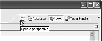 Eclipse perspective bar with four open perspectives. The Java perspective is currently displayed.