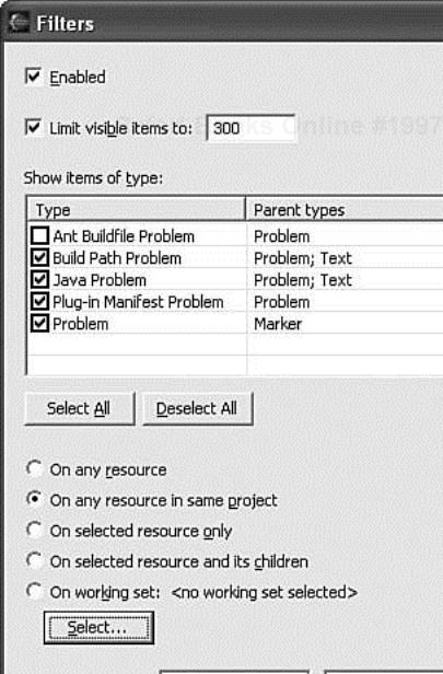 Filtering contents of the Problems view.