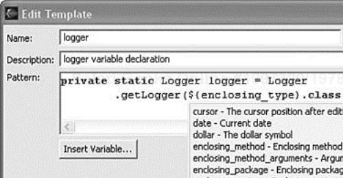 Create a new code template to insert log4j variable declaration.