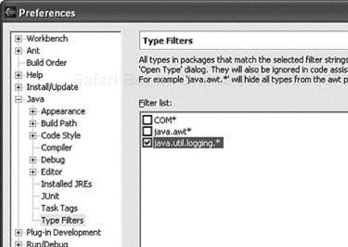 Filter the available types to exclude built-in Java logging, leaving the Apache log4j logging types as default.