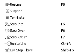 Commands used to step through the execution of a program.