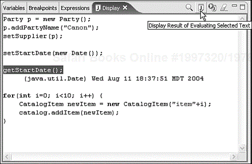 Display view containing several code snippets, one of which is evaluated to display its output.