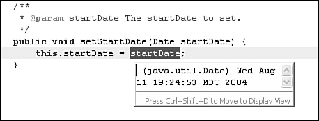 Open a pop-up Display window for an expression selected in a Java editor while debugging.