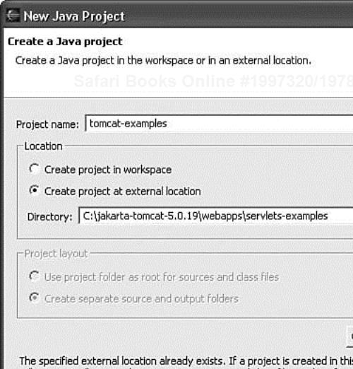 Create a new Java project using an external location for the Tomcat servlets-examples Web application.