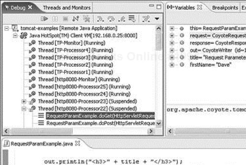 After hitting the breakpoint, use the debugger to step through execution of the Servlet running on the remote Tomcat server.