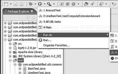 Run menu showing the most recent tests. Click the down-arrow beside the Run toolbar icon to get this menu. The Run As submenu can be used to run the current package explorer selection.