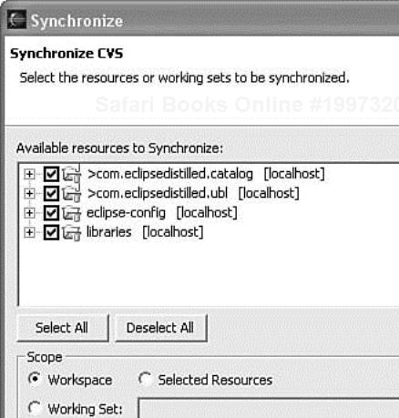 Select the resources or working sets to be synchronized.