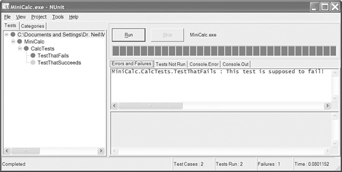 The NUnit GUI shows test results.
