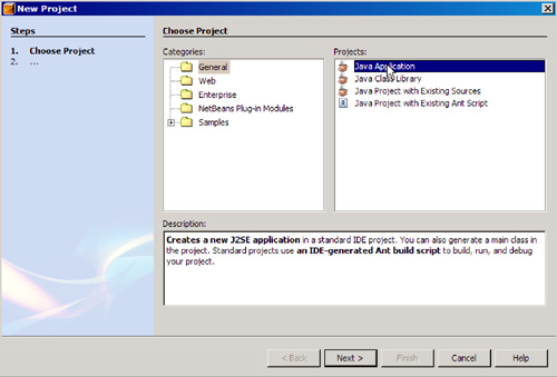 NetBeans IDE, New Project wizard, Choose Project page.