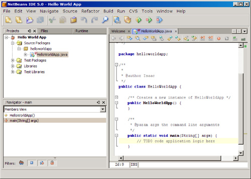 NetBeans IDE with the HelloWorldApp project open.