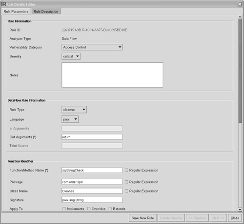 The Fortify Rule Details Editor in the Rules Builder allows creation of custom rules.