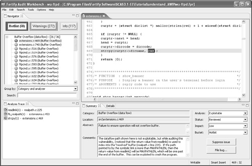 The Fortify Audit Workbench window supports in-depth analysis.