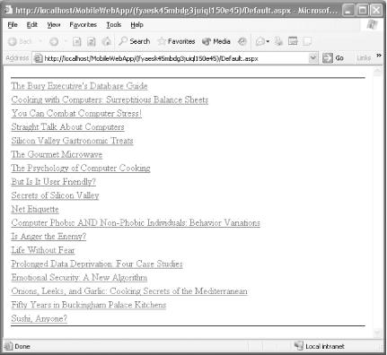 Book listing in Microsoft Internet Explorer (IE)