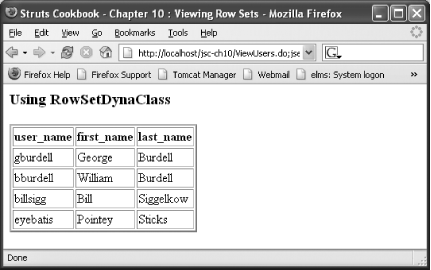 JSP displaying data from a RowSetDynaClass