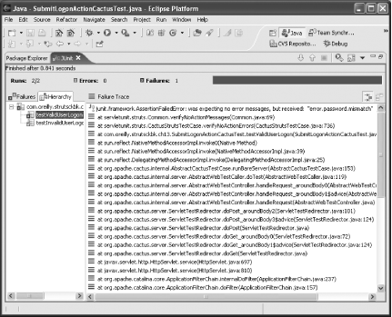 Stack trace of a failed Cactus unit test