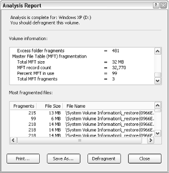 Find the size and fragmentation of the Master File Table (MFT) by viewing Disk Defragmenter’s report for NTFS volumes
