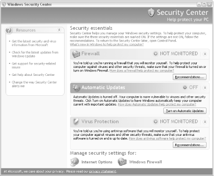 New in Service Pack 2, the Security Center serves as a central interface for Windows Update, Windows’s own built-in firewall, and whatever antivirus software you provide