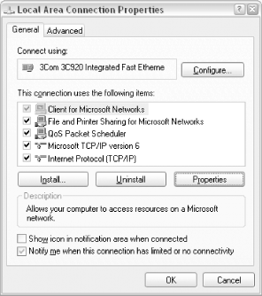 Right-click a connection and select Properties to view and modify the settings for the connection