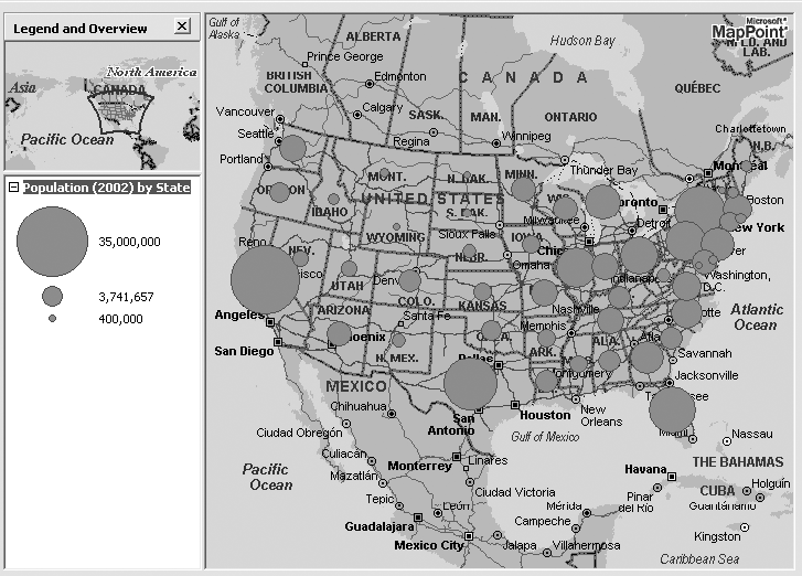 Sized circle map for population per state